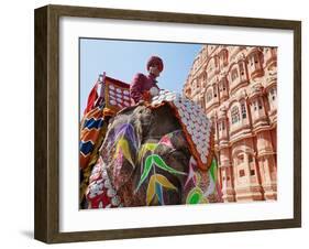 India, Rajasthan, Jaipur, Ceremonial Decorated Elephant Outside the Hawa Mahal, Palace of the Winds-Gavin Hellier-Framed Photographic Print