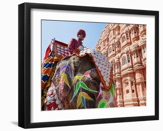 India, Rajasthan, Jaipur, Ceremonial Decorated Elephant Outside the Hawa Mahal, Palace of the Winds-Gavin Hellier-Framed Photographic Print