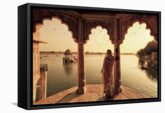 India, Rajasthan, Jaisalmer, Gadi Sagar Lake, Indian Woman Wearing Traditional Saree Outfit-Michele Falzone-Framed Stretched Canvas