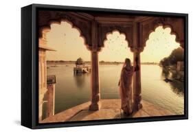 India, Rajasthan, Jaisalmer, Gadi Sagar Lake, Indian Woman Wearing Traditional Saree Outfit-Michele Falzone-Framed Stretched Canvas