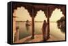 India, Rajasthan, Jaisalmer, Gadi Sagar Lake, Indian Woman Wearing Traditional Saree Outfit-Michele Falzone-Framed Stretched Canvas