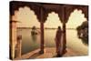 India, Rajasthan, Jaisalmer, Gadi Sagar Lake, Indian Woman Wearing Traditional Saree Outfit-Michele Falzone-Stretched Canvas