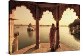 India, Rajasthan, Jaisalmer, Gadi Sagar Lake, Indian Woman Wearing Traditional Saree Outfit-Michele Falzone-Stretched Canvas
