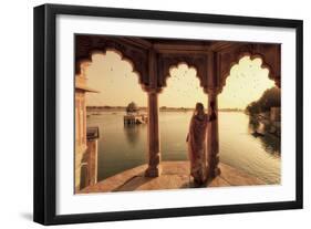 India, Rajasthan, Jaisalmer, Gadi Sagar Lake, Indian Woman Wearing Traditional Saree Outfit-Michele Falzone-Framed Photographic Print