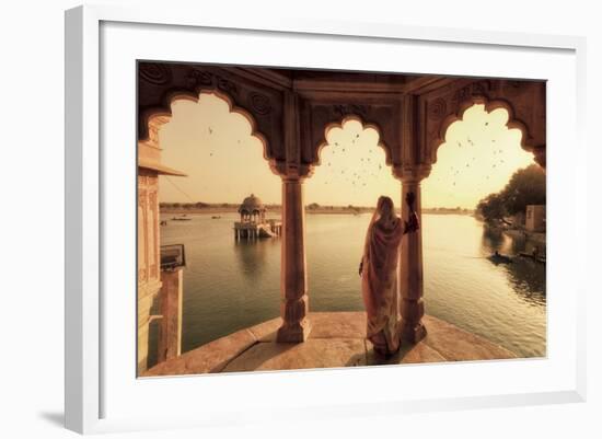 India, Rajasthan, Jaisalmer, Gadi Sagar Lake, Indian Woman Wearing Traditional Saree Outfit-Michele Falzone-Framed Photographic Print