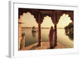 India, Rajasthan, Jaisalmer, Gadi Sagar Lake, Indian Woman Wearing Traditional Saree Outfit-Michele Falzone-Framed Photographic Print