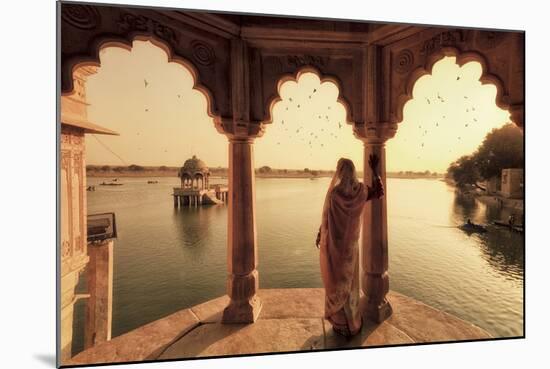 India, Rajasthan, Jaisalmer, Gadi Sagar Lake, Indian Woman Wearing Traditional Saree Outfit-Michele Falzone-Mounted Photographic Print