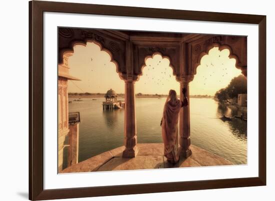 India, Rajasthan, Jaisalmer, Gadi Sagar Lake, Indian Woman Wearing Traditional Saree Outfit-Michele Falzone-Framed Photographic Print