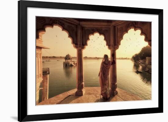 India, Rajasthan, Jaisalmer, Gadi Sagar Lake, Indian Woman Wearing Traditional Saree Outfit-Michele Falzone-Framed Photographic Print