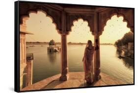 India, Rajasthan, Jaisalmer, Gadi Sagar Lake, Indian Woman Wearing Traditional Saree Outfit-Michele Falzone-Framed Stretched Canvas