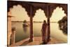 India, Rajasthan, Jaisalmer, Gadi Sagar Lake, Indian Woman Wearing Traditional Saree Outfit-Michele Falzone-Stretched Canvas