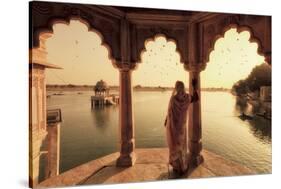 India, Rajasthan, Jaisalmer, Gadi Sagar Lake, Indian Woman Wearing Traditional Saree Outfit-Michele Falzone-Stretched Canvas