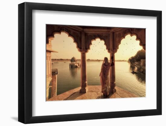 India, Rajasthan, Jaisalmer, Gadi Sagar Lake, Indian Woman Wearing Traditional Saree Outfit-Michele Falzone-Framed Premium Photographic Print