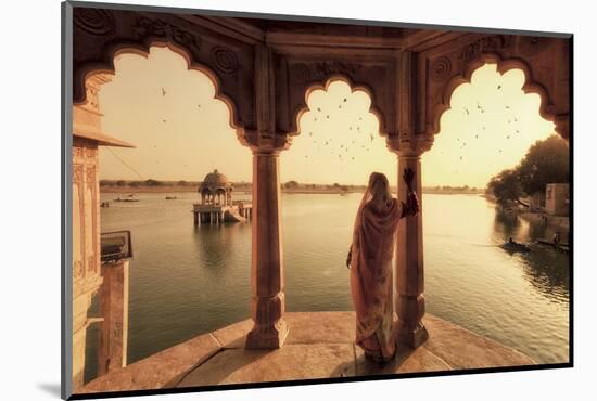 India, Rajasthan, Jaisalmer, Gadi Sagar Lake, Indian Woman Wearing Traditional Saree Outfit-Michele Falzone-Mounted Photographic Print