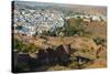 India, Rajasthan, Jodhpur. Mehrangarh Fort, view from tower of old city wall and houses beyond pain-Alison Jones-Stretched Canvas