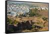 India, Rajasthan, Jodhpur. Mehrangarh Fort, view from tower of old city wall and houses beyond pain-Alison Jones-Framed Stretched Canvas