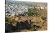 India, Rajasthan, Jodhpur. Mehrangarh Fort, view from tower of old city wall and houses beyond pain-Alison Jones-Stretched Canvas