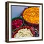 India, Rajasthan, Pipar. vendor making necklaces of marigolds and roses-Alison Jones-Framed Photographic Print