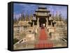 India, Rajasthan, Ranakpur, a Couple Descend Steps at the Famous Chaumukha Mandir, an Elaborately S-Amar Grover-Framed Stretched Canvas