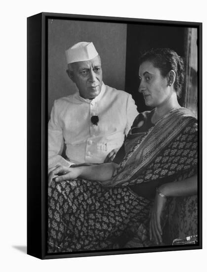 India's Prime Minister Jawaharlal Nehru with Daughter Indira Gandhi at the Asia African Conference-Lisa Larsen-Framed Stretched Canvas