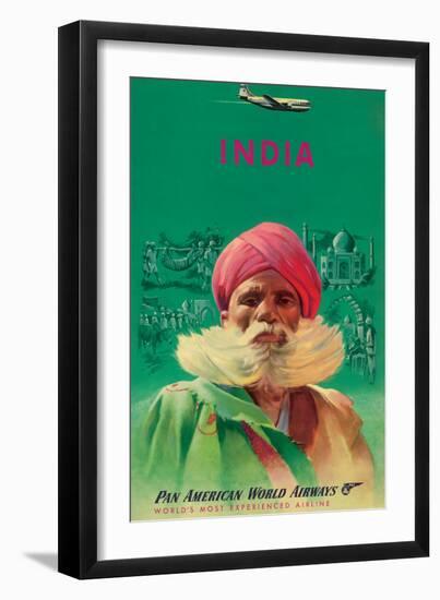 India - Sikh in Turban - Pan American World Airways - Vintage Airline Travel Poster, 1950s-Pacifica Island Art-Framed Art Print