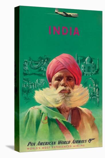 India - Sikh in Turban - Pan American World Airways - Vintage Airline Travel Poster, 1950s-Pacifica Island Art-Stretched Canvas