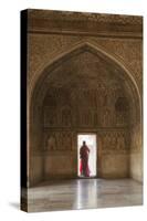 India, Uttar Pradesh, Agra, Agra Fort, a Woman in a Red Saree Walks Through the Interior-Alex Robinson-Stretched Canvas