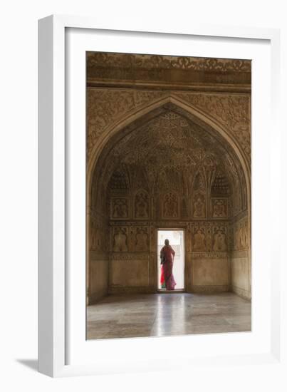 India, Uttar Pradesh, Agra, Agra Fort, a Woman in a Red Saree Walks Through the Interior-Alex Robinson-Framed Photographic Print