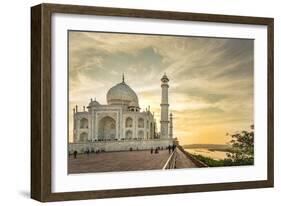 India, Uttar Pradesh. Agra. Taj Mahal tomb and minarets on the Yamuna River at sunset-Alison Jones-Framed Photographic Print