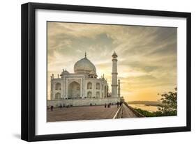 India, Uttar Pradesh. Agra. Taj Mahal tomb and minarets on the Yamuna River at sunset-Alison Jones-Framed Photographic Print