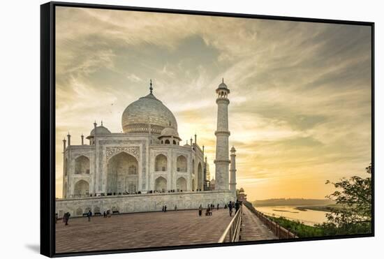 India, Uttar Pradesh. Agra. Taj Mahal tomb and minarets on the Yamuna River at sunset-Alison Jones-Framed Stretched Canvas