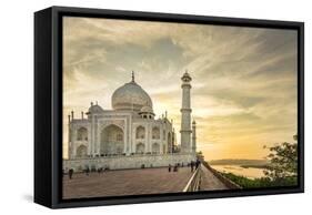 India, Uttar Pradesh. Agra. Taj Mahal tomb and minarets on the Yamuna River at sunset-Alison Jones-Framed Stretched Canvas