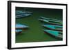 India, Varanasi 9 Blue, Red and Green Rowboats on the Green Water of the Ganges River-Ellen Clark-Framed Photographic Print