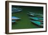 India, Varanasi 9 Blue, Red and Green Rowboats on the Green Water of the Ganges River-Ellen Clark-Framed Photographic Print