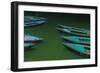 India, Varanasi 9 Blue, Red and Green Rowboats on the Green Water of the Ganges River-Ellen Clark-Framed Photographic Print