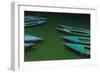 India, Varanasi 9 Blue, Red and Green Rowboats on the Green Water of the Ganges River-Ellen Clark-Framed Photographic Print