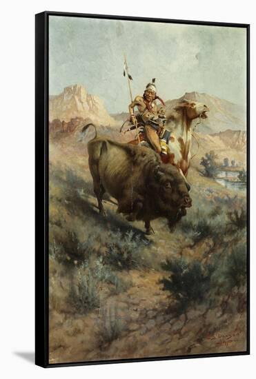 Indian and Buffalo, 1891-Edgar Samuel Paxson-Framed Stretched Canvas