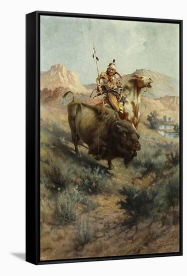 Indian and Buffalo, 1891-Edgar Samuel Paxson-Framed Stretched Canvas