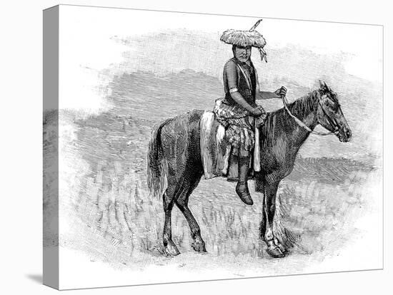 Indian Chief on Horseback, Wearing Flattened Feather Head Dress-null-Stretched Canvas