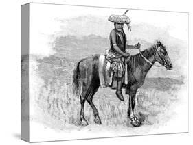 Indian Chief on Horseback, Wearing Flattened Feather Head Dress-null-Stretched Canvas
