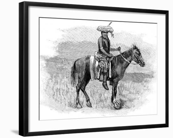 Indian Chief on Horseback, Wearing Flattened Feather Head Dress-null-Framed Art Print