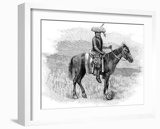 Indian Chief on Horseback, Wearing Flattened Feather Head Dress-null-Framed Art Print