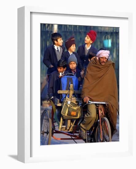 Indian Children Ride to School on the Back of a Cycle Rickshaw-null-Framed Photographic Print