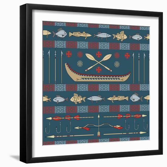 Indian Fishing - Seamless Pattern-destra-Framed Art Print