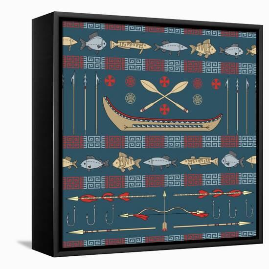 Indian Fishing - Seamless Pattern-destra-Framed Stretched Canvas