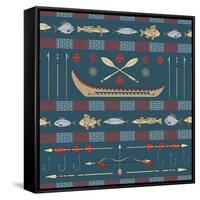 Indian Fishing - Seamless Pattern-destra-Framed Stretched Canvas