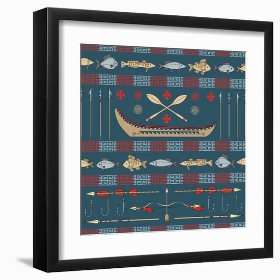 Indian Fishing - Seamless Pattern-destra-Framed Art Print