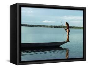 Indian Fishing with Bow and Arrow, Xingu, Amazon Region, Brazil, South America-Claire Leimbach-Framed Stretched Canvas