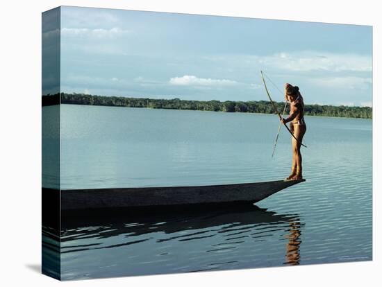 Indian Fishing with Bow and Arrow, Xingu, Amazon Region, Brazil, South America-Claire Leimbach-Stretched Canvas