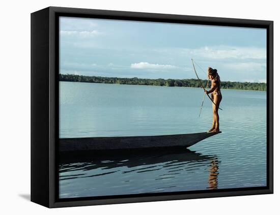 Indian Fishing with Bow and Arrow, Xingu, Amazon Region, Brazil, South America-Claire Leimbach-Framed Stretched Canvas